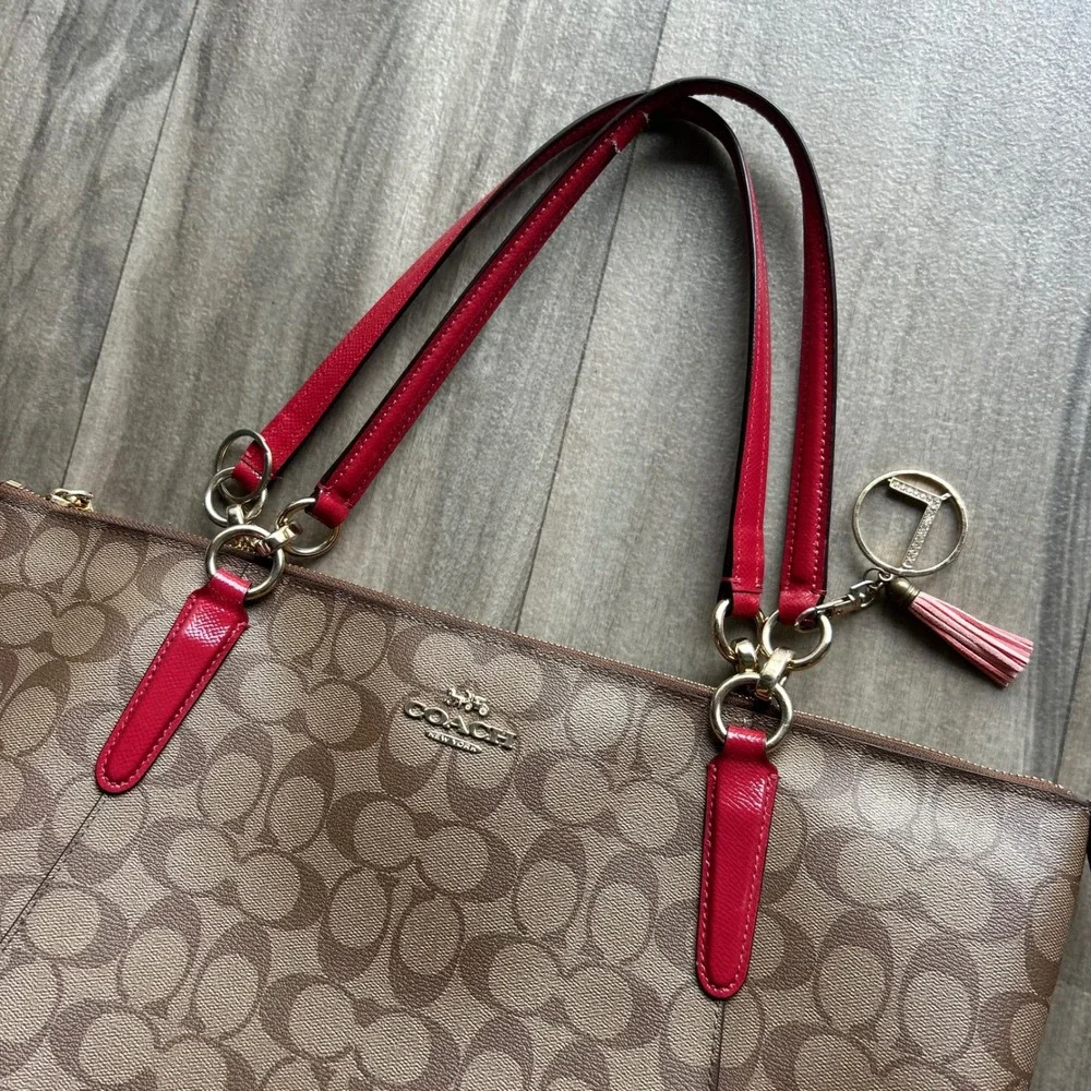 Coach Zip Top Tote Signature Canvas Khaki Red Shoulder Bag F31976